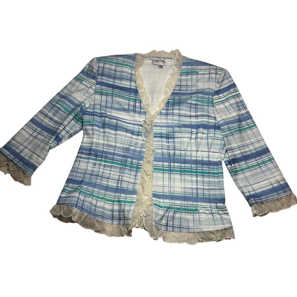 St. John Sport Vintage Jacket Blue Plaid Excellent Ruffle Trim Pintuck Small